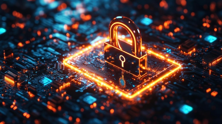 PSD a glowing padlock sits on a circuit board symbolizing cybersecurity