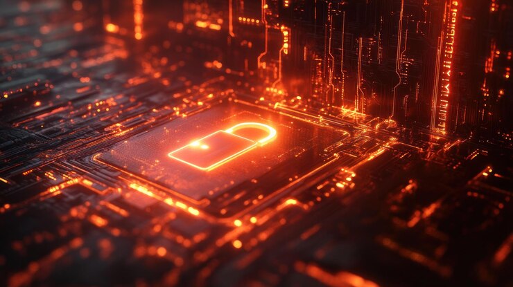 PSD a glowing padlock symbol on a circuit board representing digital security