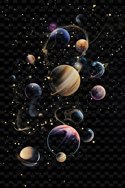 PSD glowing planets floating in a cosmic arrangement planet shap y2k texture shape background decor art