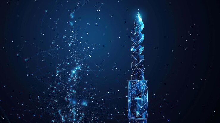 PSD a glowing polygonal drill bit on a blue background