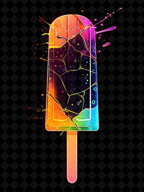 PSD glowing popsicle stick composed of shattered popsicle fragme neon color food drink y2k collection