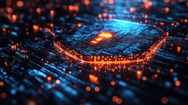 PSD a glowing question mark symbol on a circuit board with glowing lights