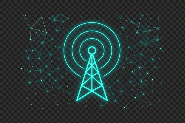 Glowing radio tower signal icon with digital network wave effect isolated transparent background
