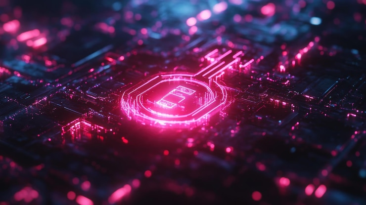 PSD a glowing red circuit board with a key symbol in the center
