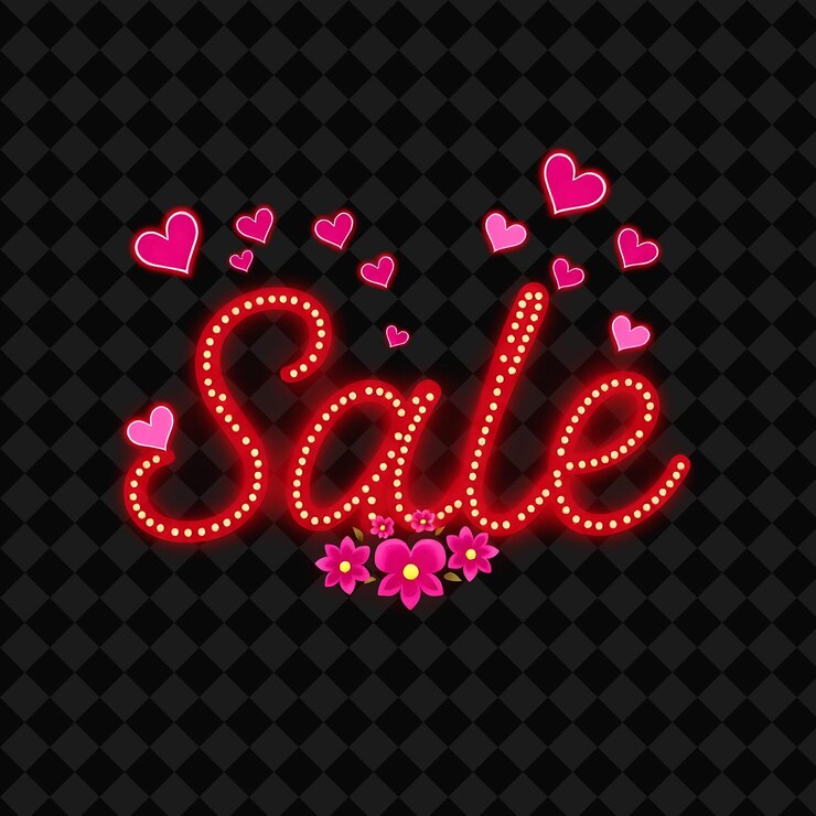 PSD glowing sale text pulses with neon vibrant red and pink decorated with kawaii hearts and flowers rom
