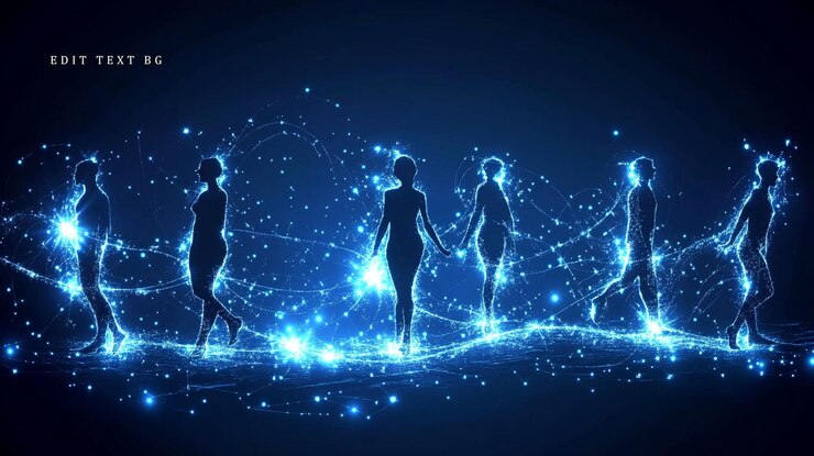 PSD glowing silhouettes of people walking connected by energy lines