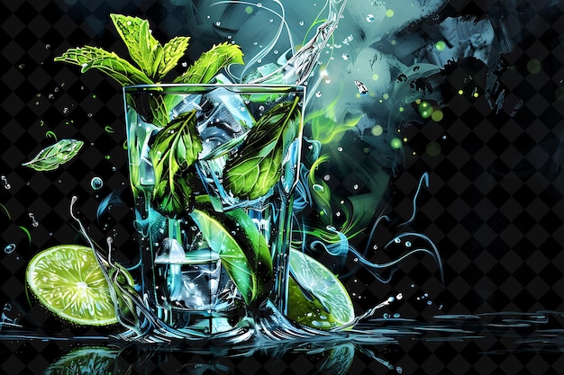 PSD glowing silver mojito with muddled mint leaves and lime wedg neon color food drink y2k collection