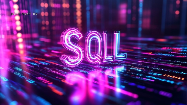 Glowing SQL text on digital data streams background