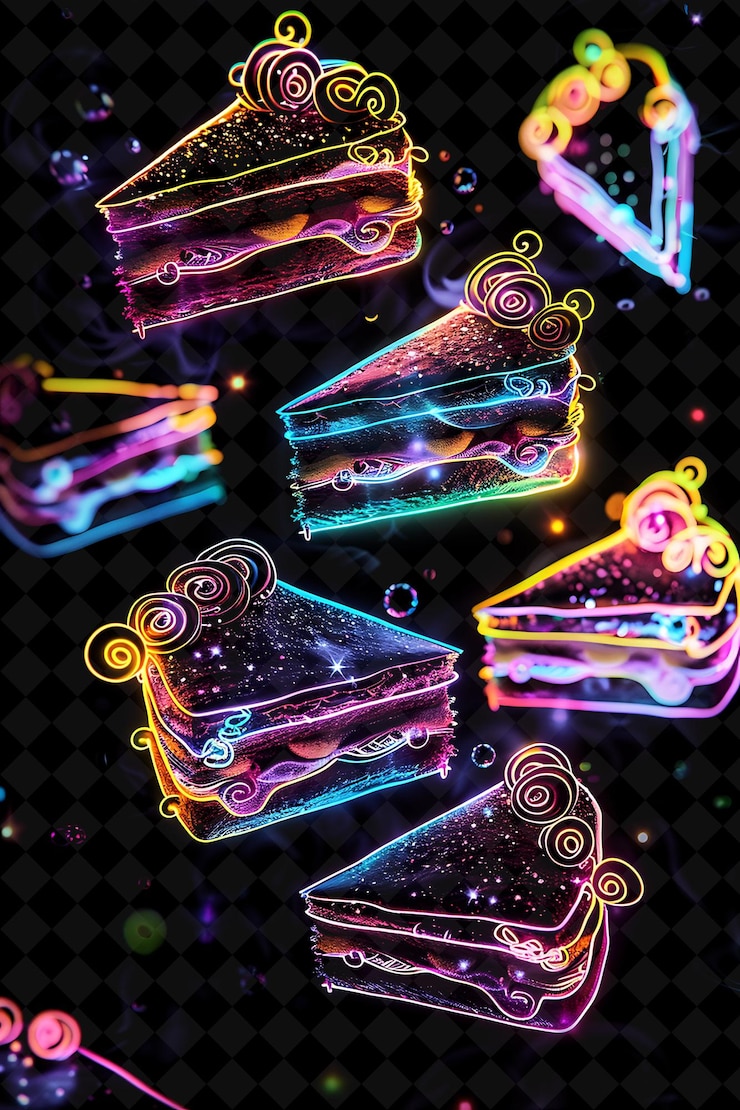 PSD glowing transparent cakes floating and levitating cake slice neon color food drink y2k collection