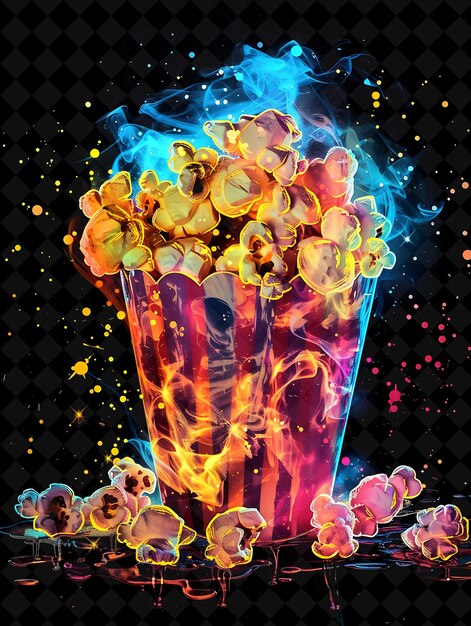 PSD glowing transparent popcorn with butter melting and popping neon color food drink y2k collection