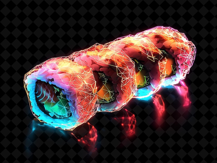 PSD glowing transparent sushi rolls with wasabi unraveling and u neon color food drink y2k collection