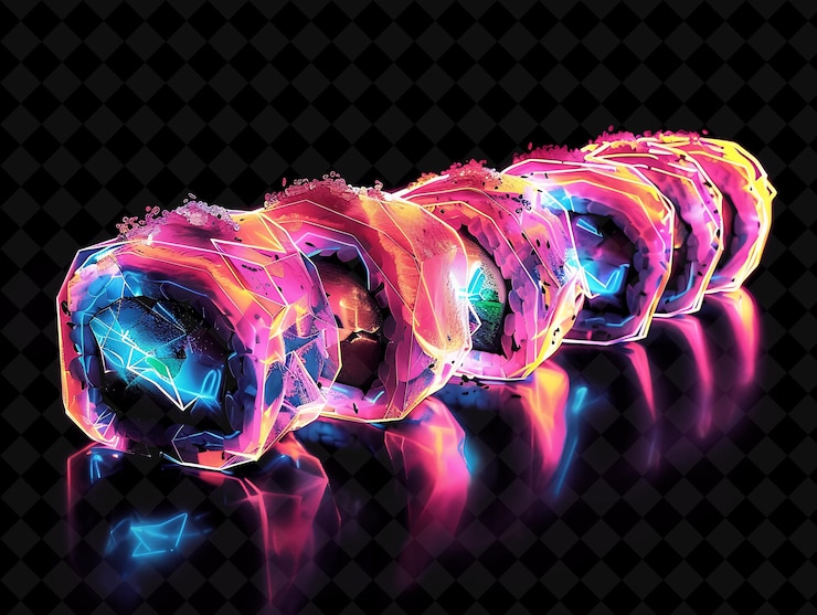 PSD glowing transparent sushi rolls with wasabi unraveling and u neon color food drink y2k collection