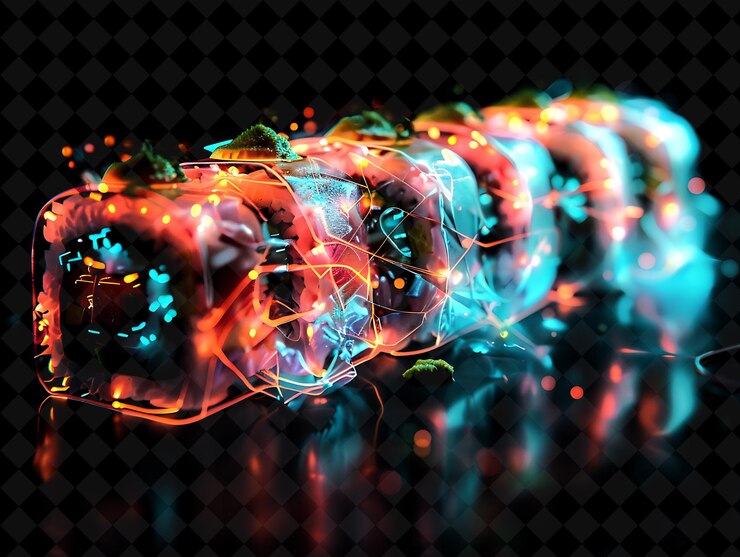 PSD glowing transparent sushi rolls with wasabi unraveling and u neon color food drink y2k collection