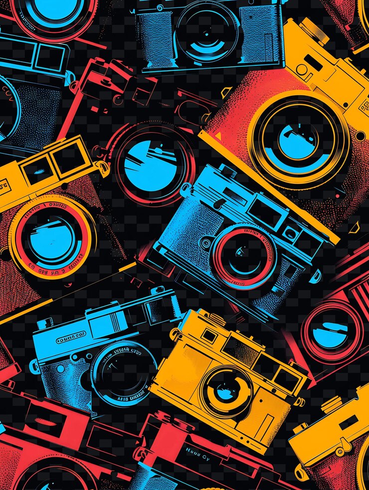 PSD glowing vintage cameras scattered and overlapping camera sha y2k texture shape background decor art