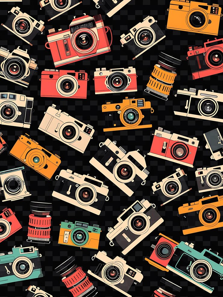PSD glowing vintage cameras scattered and overlapping camera sha y2k texture shape background decor art