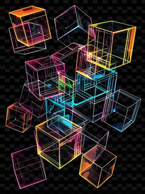 PSD glowing wireframe cubes interlocking wireframe collage textu y2k texture shape background decor art