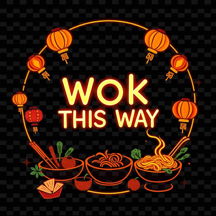 PSD glowing wok this way text radiates with neon orange and amber decorat neon yummy typography designe