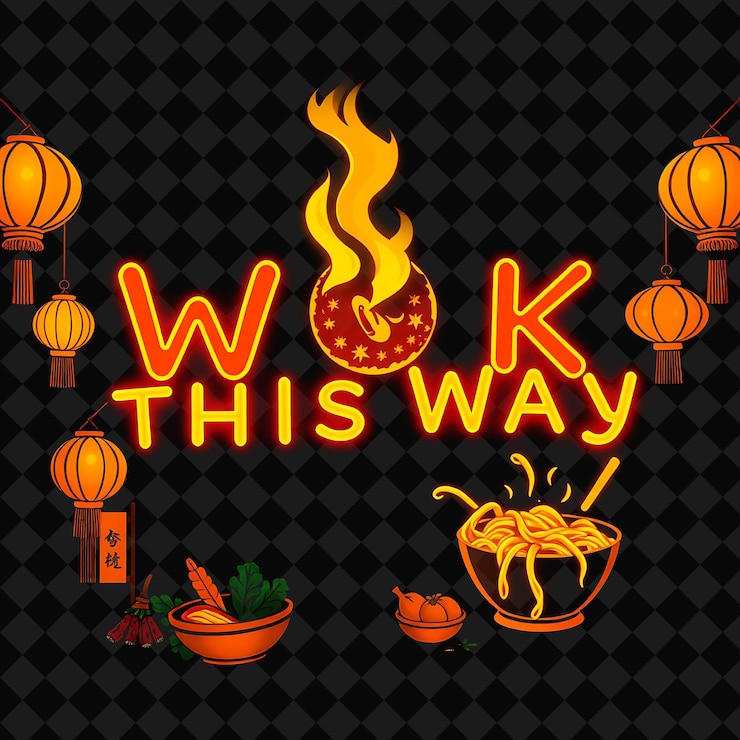 PSD glowing wok this way text radiates with neon orange and amber dec png geïnspireerde neon voedsel decorator