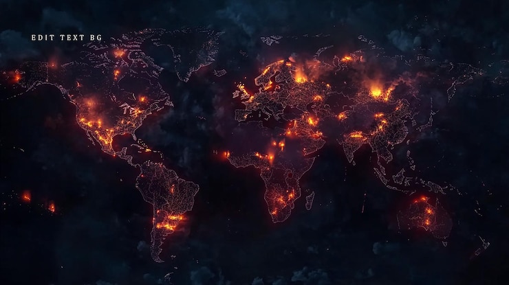 PSD glowing world map with fiery hotspots illustrating global crisis or disaster