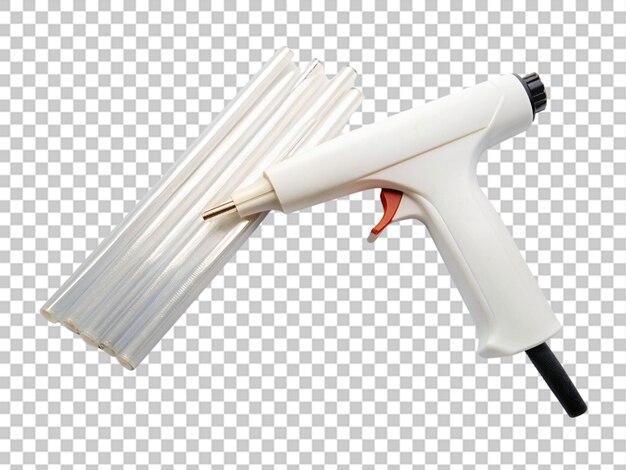 PSD glue gun with white plastic body and silver glue on transparent background