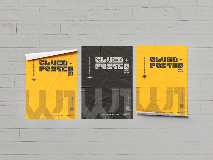 PSD glued paper wrinkled poster mockup
