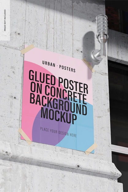 Glued poster on concrete background mockup, low angle view