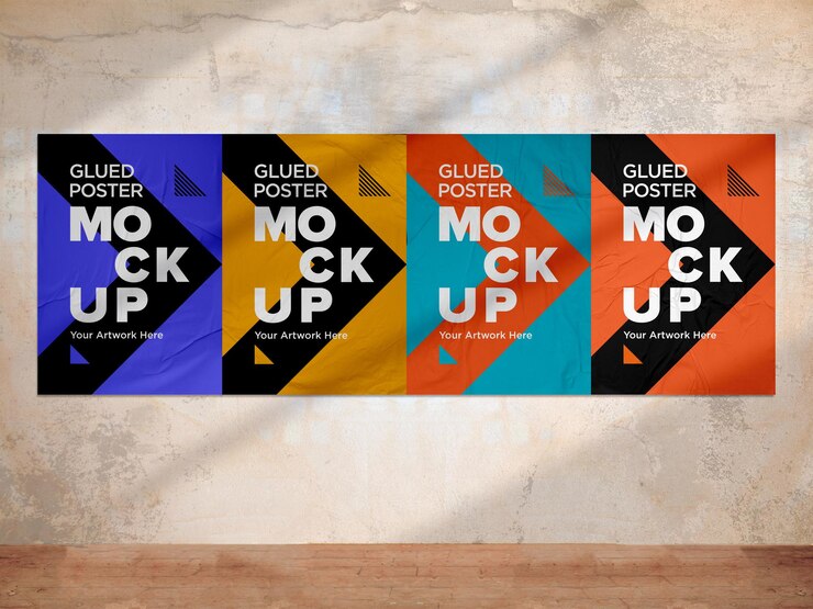 Glued Poster Mockup Crumpled with shadow overlay