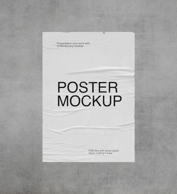 PSD glued poster mockup on grey wall