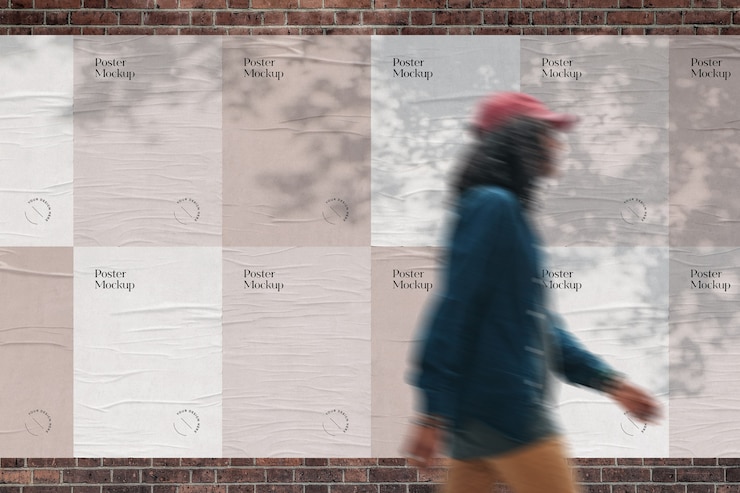 PSD glued posters on brick wall mockup