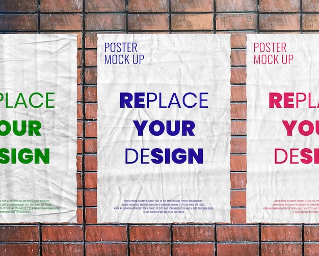 Glued wrinkled poster mockup on brick wall realistic