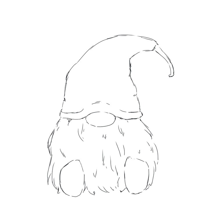 PSD gnome in a sleeping cap with a lush beard sits black and white illustration