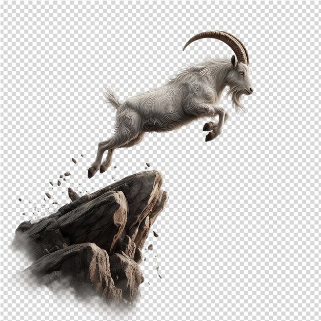 A goat jumping over a rock with a mountain in the background