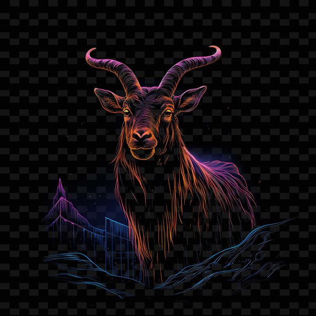 PSD goat mountain adventure linee al neon seghettate scogliere rocciose hor png y2k forme arti luminose trasparenti