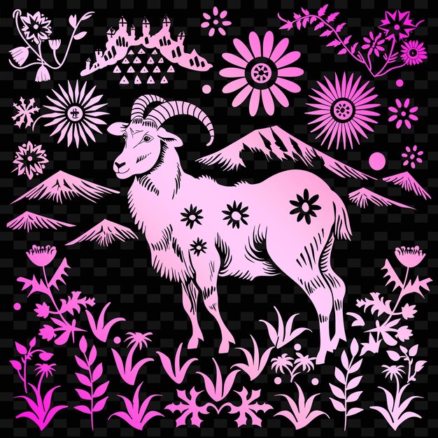 PSD a goat with horns is shown with flowers and flowers