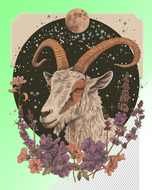 A goat with horns is surrounded by flowers and a moon