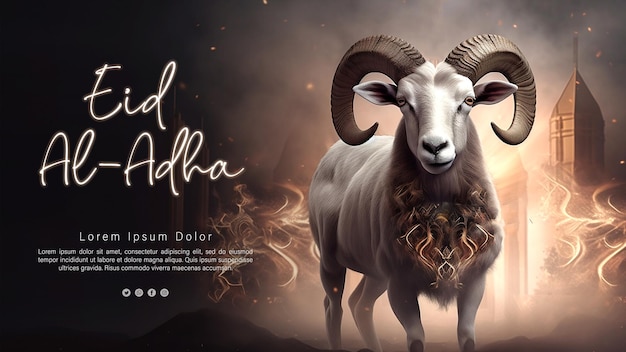 A goat with horns and a sign that says good ad adha