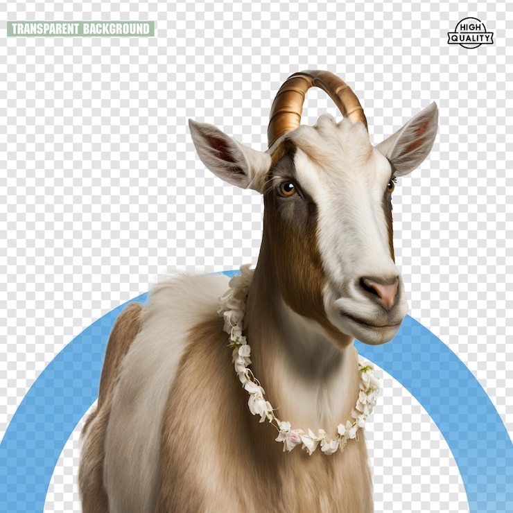 PSD a goat with a necklace on it and a blue circle on the front