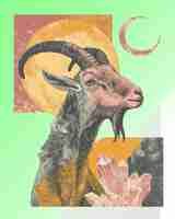 PSD a goat with a yellow and orange background with a moon in the background