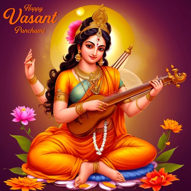 Goddess maa saraswati gelukkig vasant panchami op religieuze festival achtergrond