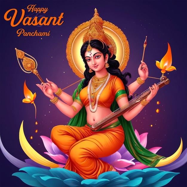 PSD goddess maa saraswati happy vasant panchami on religious festival background