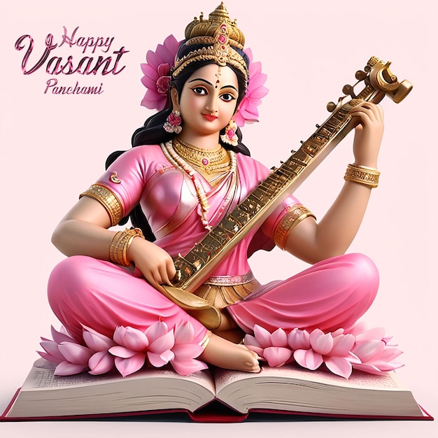 PSD la dea saraswati indossa un saree rosa seduta su un libro con uno strumento musicale festival di vasant panchami