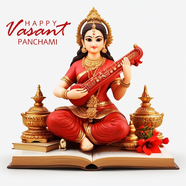 PSD godin saraswati draagt een rode sari en zit op een boek met een muziekinstrument vasant panchami festival