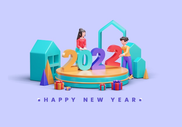 Godt nytår 2022 bannerskabelon med 3D-illustration kreativt designkoncept