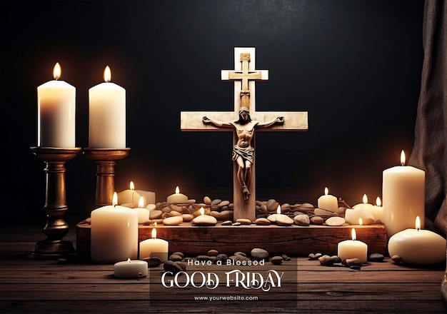 PSD goede vrijdag concept christelijk kruis omringd door kaarsen die een heilige sfeer creëren