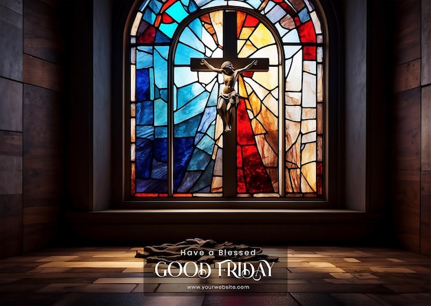 Goede Vrijdag concept christelijk kruis tegen een glas-in-lood raam samensmelting van religieuze symboliek