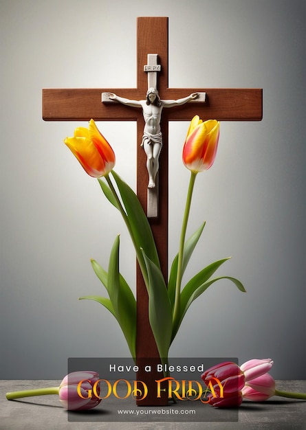 Goede vrijdag concept christelijk kruis versierd met tulpen