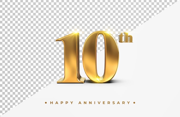 PSD gold 10th happy anniversary 3d rendering isolated