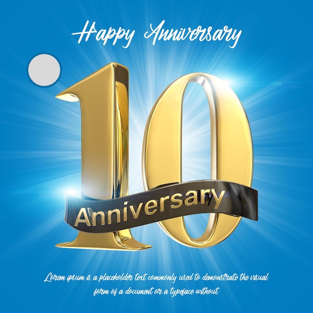 PSD gold 10th happy anniversary 3d rendering isolated