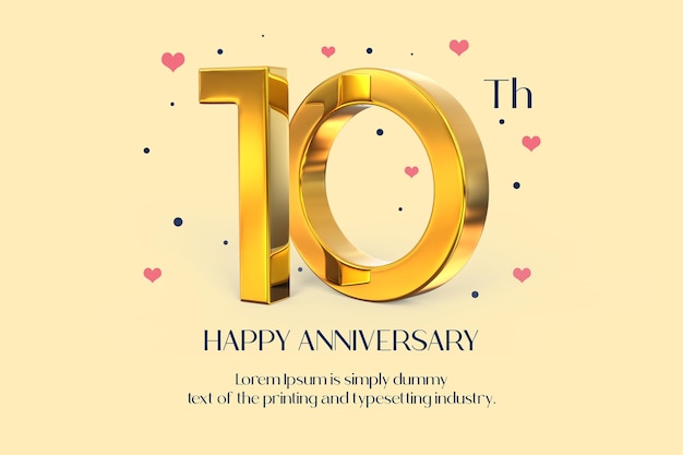 Gold 10th happy anniversary 3d rendering isolated