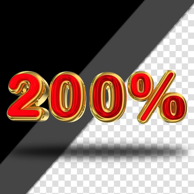 Gold 200 percent 3d rendering isolated transparent background